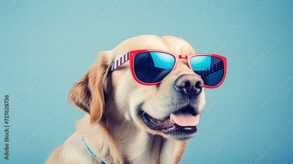 Golden Retriever dog wearing sunglasses fashion portrait on bright pastel background. 4th of July USA Independence Day. presentation. advertisement. invite invitation. copy text space.