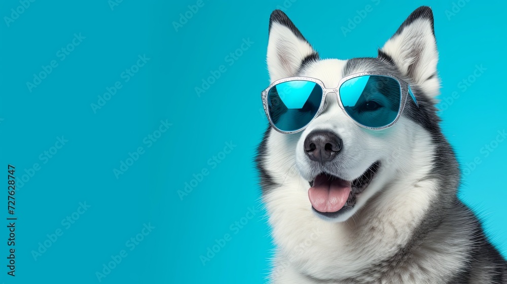 Husky dog wearing sunglasses fashion portrait on bright pastel background. presentation. advertisement. invite invitation. copy text space.