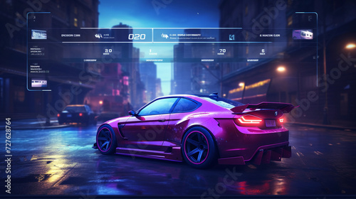 street racing AAA videogame gameplay with information datum design for console or web 3.0 playing to earn gaming crypto tokens and cryptocurrency project future as wide banner UI 