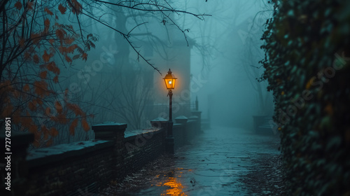 a lonely street lamp shines near the old house in the night when the fog is after the rain, a mystical oppressive atmosphere