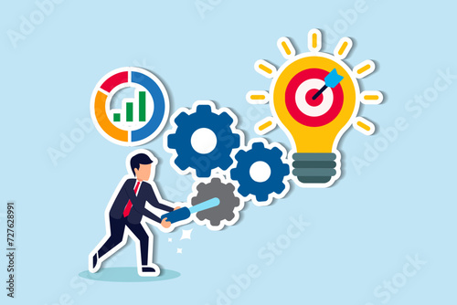Initiate or execute projects, research or implement business ideas for results, strive to develop ideas and achieve business goals concept, businessman turn cog wheels to light up lightbulb idea.