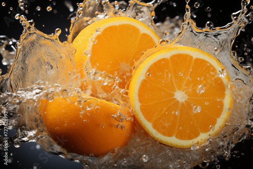 Sliced oranges splash in water against a dark backdrop. Concept for refreshing summer drinks  health  and vitality. Plenty of copy space.