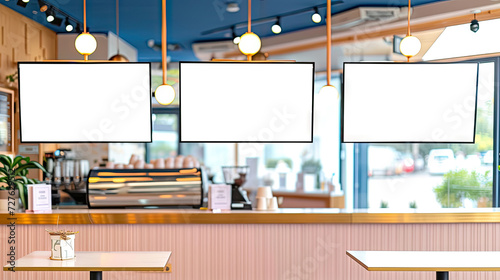  a restaurant with big screen banners,Mock up screen display Restaurant Cafe Menu Food Business, for restaurant marketing, food service industry, digital menu advertising, and customer engagement photo