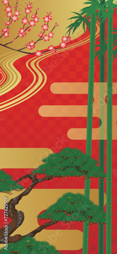 日本風の背景。松竹梅と霞と金色の背景のイラスト