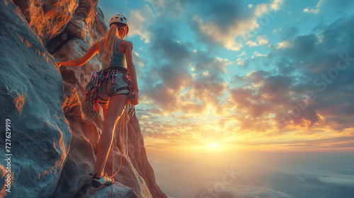 Fotografia back view of a slender female climber in a belay gear standing on a small ledge