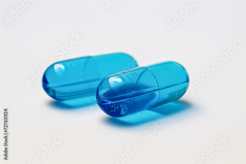Two blue pills on white background. Medicinal treatment. Pharmaceutical industry. Pharmacy drugstore products