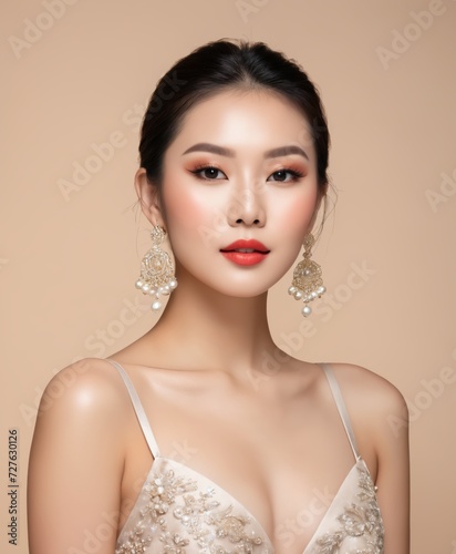 Pretty woman of Asian appearance makeup luxury charm beige background