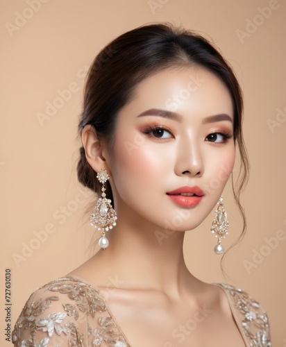 Pretty woman of Asian appearance makeup luxury charm beige background