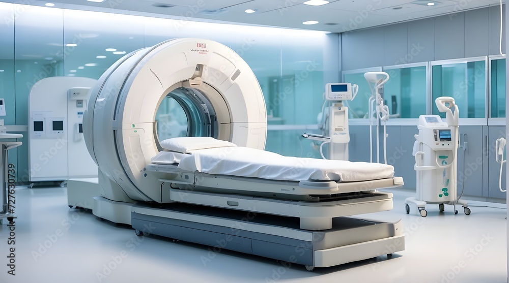 An advanced MRI or CT medical diagnostic device in a hospital laboratory, comprising several connected devices. Generative AI An advanced MRI or CT medical diagnostic device in a hospital laboratory, comprising several connected devices. Generative AI