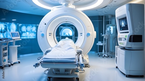 An advanced MRI or CT medical diagnostic device in a hospital laboratory, comprising several connected devices. Generative AI