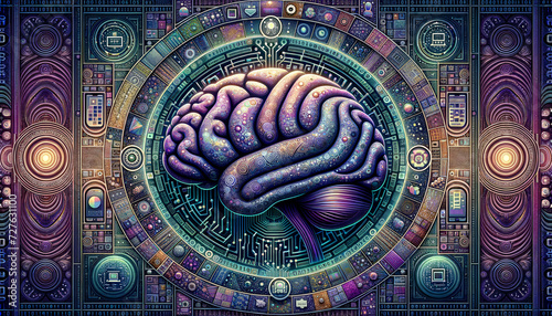 Data-Driven Decision Making: Intricate brain structure with shimmering geometric reflections in maximalist style.