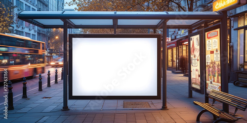 empty blackboard advertising on a bus stop,for advertising mockups and urban city concepts in design projects and presentations.Mock up Billboard Media Advertising Poster template at Bus Station city  photo