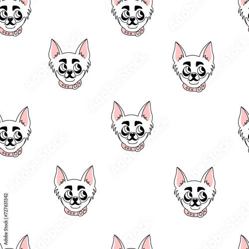 Chihuahua doodle seamless pattern. Dog head in collar repeat vector illustration for pets, textile, fabric, surface design