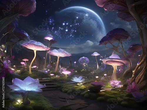 Enchanted Forest: Bioluminescent Mushrooms Under the Starry Night Sky, generative AI