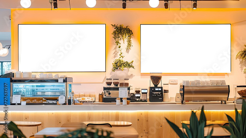 a restaurant with big screen banners,Mock up screen display Restaurant Cafe Menu Food Business, for restaurant marketing, food service industry, digital menu advertising, and customer engagement.