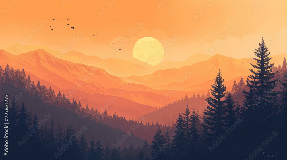 Obraz premium Illustration of a sunset over a beautiful mountain valley with pine tree silhouettes, modern monochrome style
