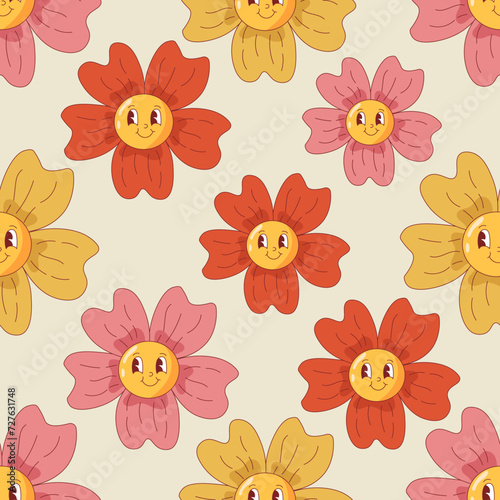 Cute funky flowers seamless pattern. Groovy retro floral characters background with funny blossoms faces. Repeat vector illustration