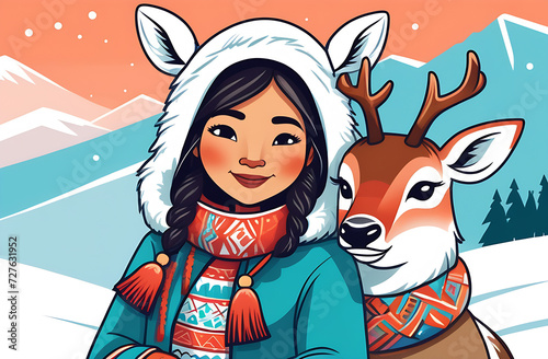 A beautiful Eskimo girl in national clothes standing in tundra with a deer. Close-up. Snowy tundra in the background. photo