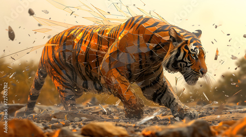 shattered glass art depicting a tiger, capturing the dynamic energy and fierce elegance through fractured forms
