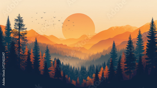 Illustration of a sunset over a beautiful mountain valley with pine tree silhouettes, modern monochrome style