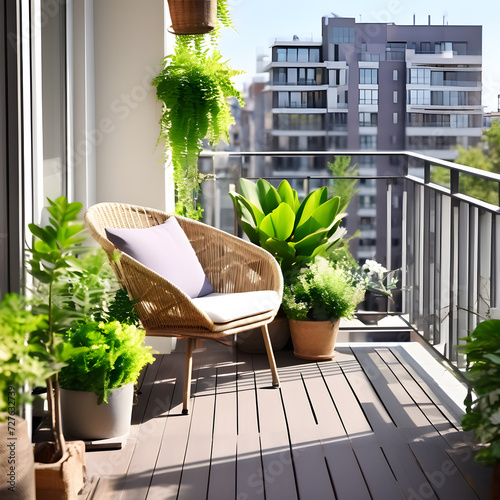 beautiful balcony or terrace with wooden floor chair and green potted flowers plants cozy relaxing