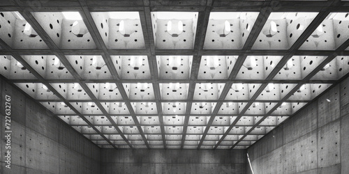 the roof of an auditorium in a concrete building, Cement panel ceiling square block pattern Lighting Architecture details, A modern and stylish representation of architectural design. for contemporary