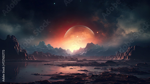 sunset over the sea of another planet in galaxy  © PixelPulse