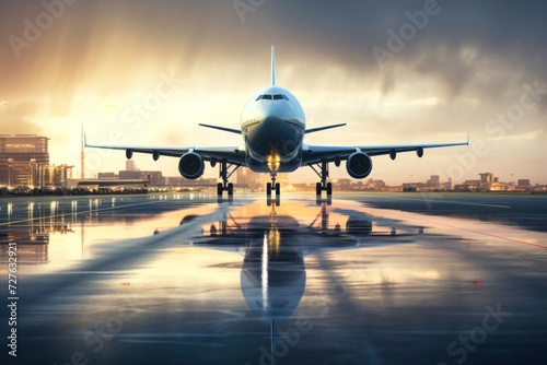 A large passenger plane lands on the runway. Tourism and travel concept.