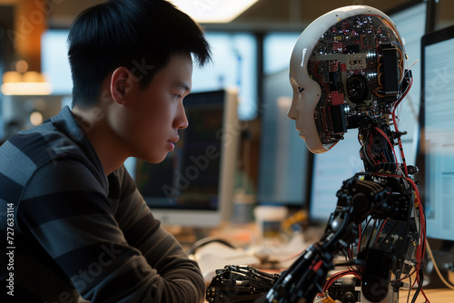 A young person closely examines the intricate details of a humanoid robot's head, reflecting the advanced study of robotics and artificial intelligence. © pprothien
