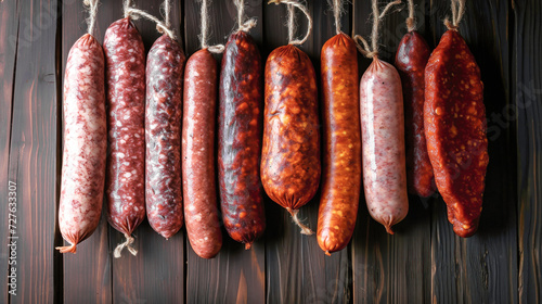 Five Different Types of Sausage Hanging From Strings