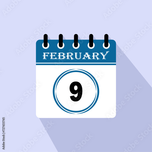 Icon calendar day - 9 February. 9th days of the month, vector illustration.