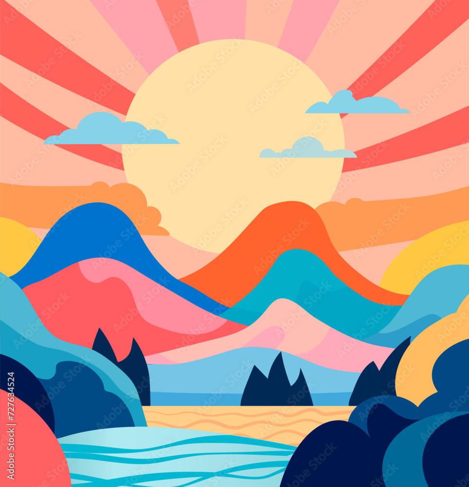 stylized vector landscape sunset in the mountains