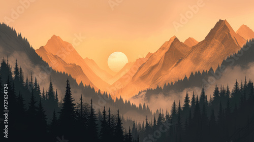Illustration of a serene mountain view with sunset, contemporary landscape art, modern monochrome style © boxstock production