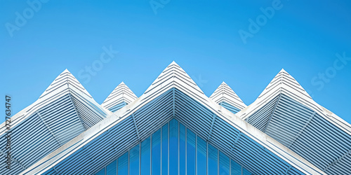white building structure with a blue sky, Steel pattern White line geometric form Architecture details Blue sky background. Modern skyscraper with a soaring glass exterior against a clear blue sky. 