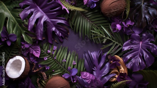 Tropical background. Vibrant display of tropical flora, featuring the textures and patterns of coconut, fern, monstera, and banana leaves, accented with purple hues