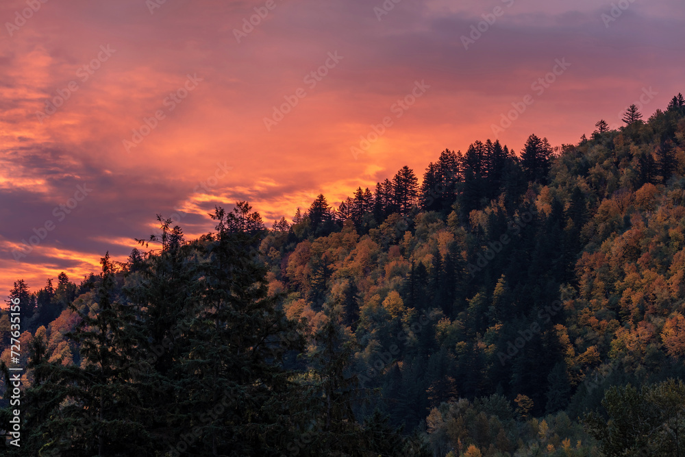 Colorful sky at sunrise over mount thom in Chilliwack, BC