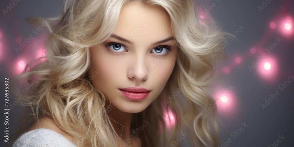 Portrait of beautiful young woman with long blond curly hair. Blonde girl with pink lips.