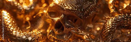 Golden skull and snake close up, texture