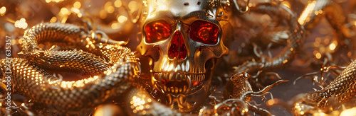 Golden skull and snake close up, texture