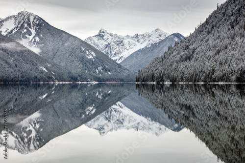 Reflection of Snowy mountains at Chilliwack Lake, BC