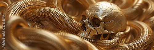 Golden skull and snake close up, texture