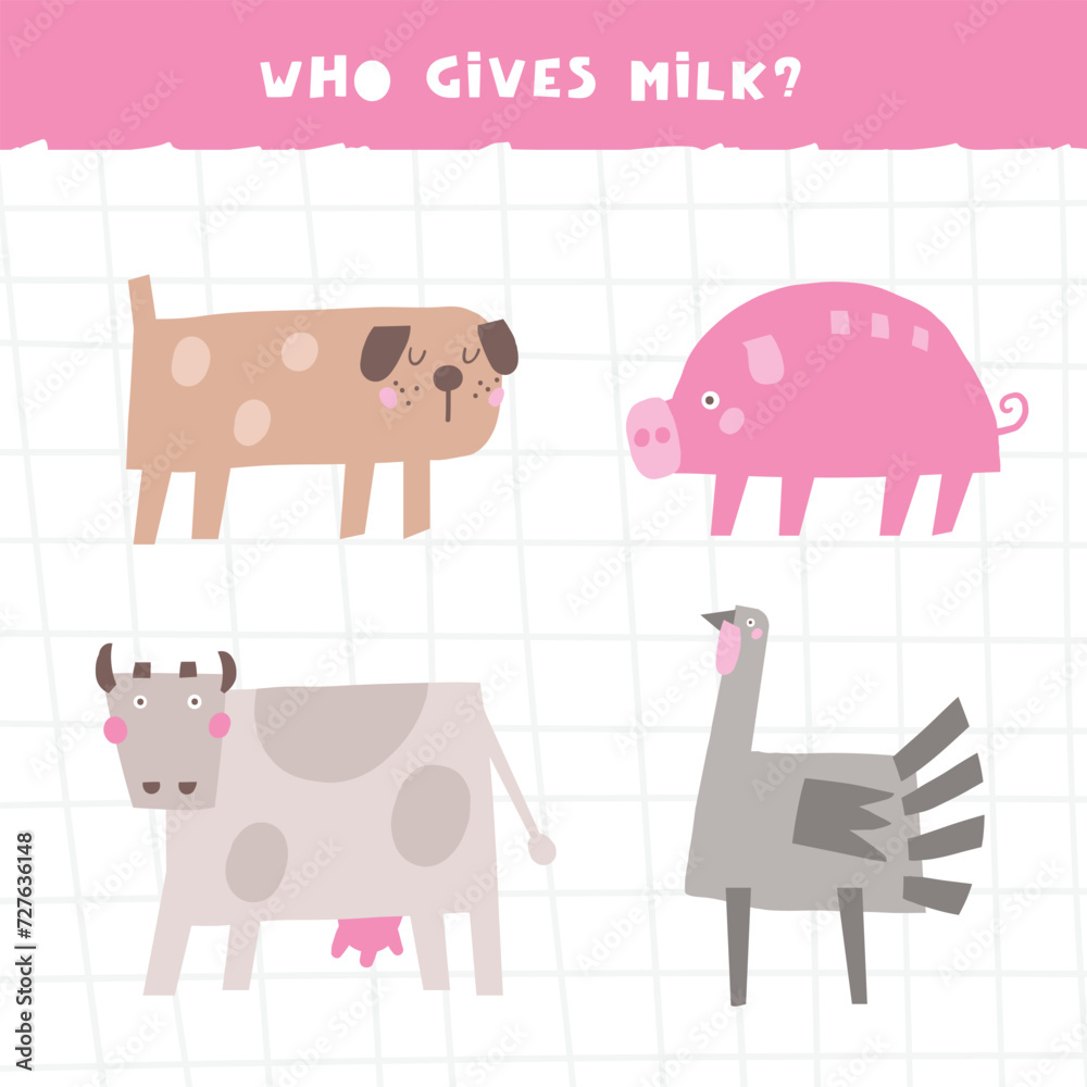 Obraz premium Learn farm animals game for kids. Cute hand drawn doodle funny village, ranch, rural puzzle with cow, pig, turkey, dog. Educational worksheet, mind task, riddle, strategy quiz, mental teaser, challeng
