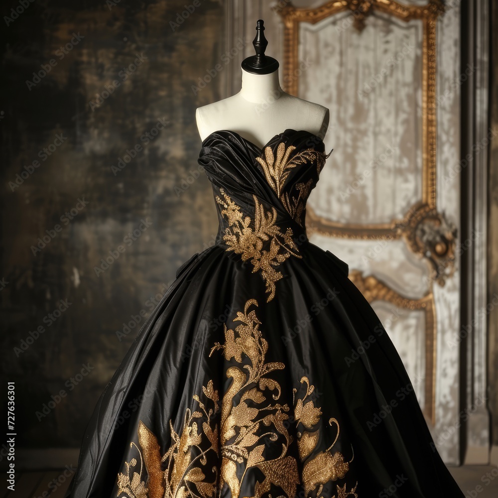 Gold black dress on mannequin, AI generated Image