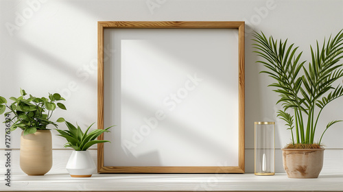 3d wooden frame hanging on the wall  in the style of photorealistic still life  photo-realistic still life  poster  Picture Frame on minimal wall texture background. Mock up frame in home. 