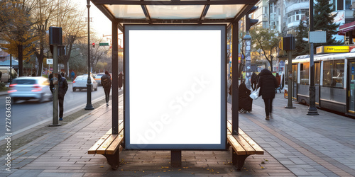 empty blackboard advertising on a bus stop,for advertising mockups and urban city concepts in design  and presentations.Mock up Billboard Media Advertising Poster template at Bus Station city street photo