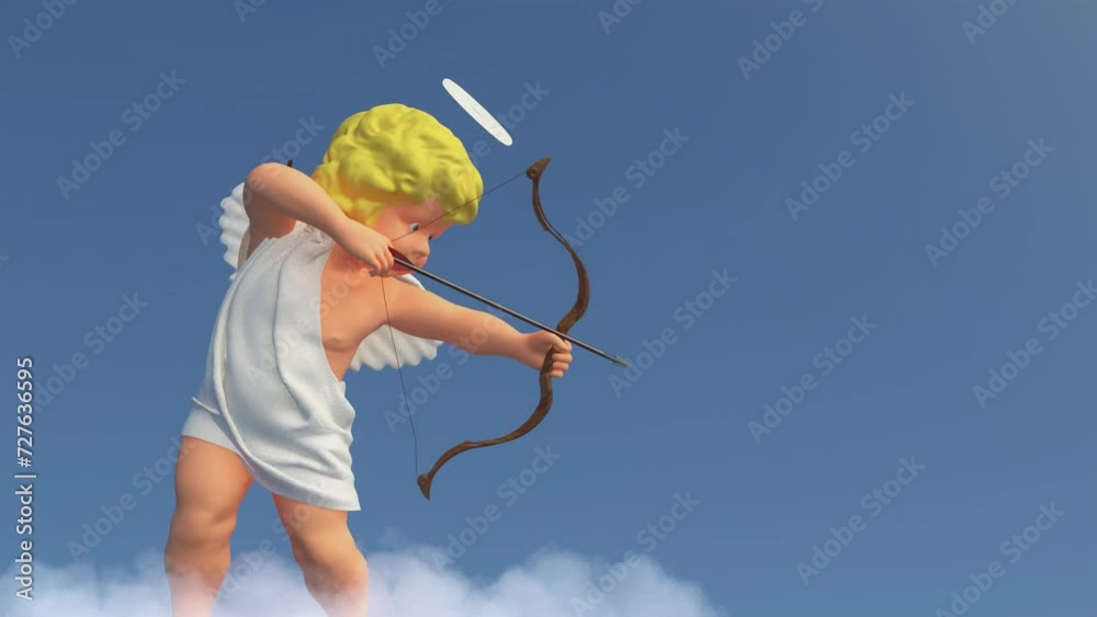 Funny angel cupid with wings dancing on a cloud on blue background and shooting an arrow from a bow. 3d Background For Love. Valentine's Day concept. Invitation to a wedding or date. 3d rendering.