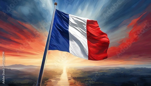 Flag of France blowing in the wind. Full page French flying flag. 3D illustration. photo