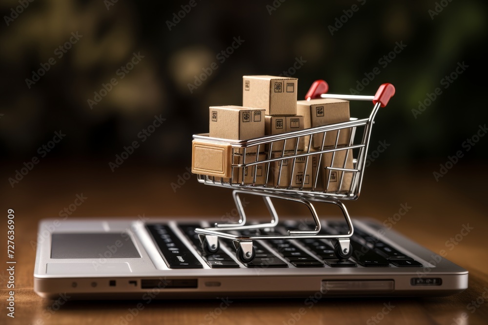 Virtual shopping cart on top of laptop screen for convenient online shopping experience