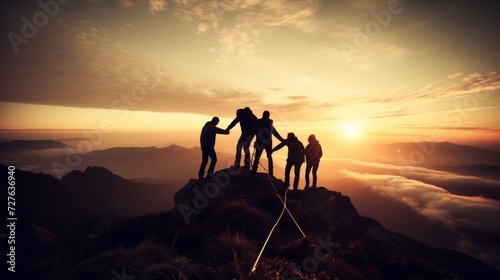 Three climbing friends helping each other as a team reach the mountain peak photo