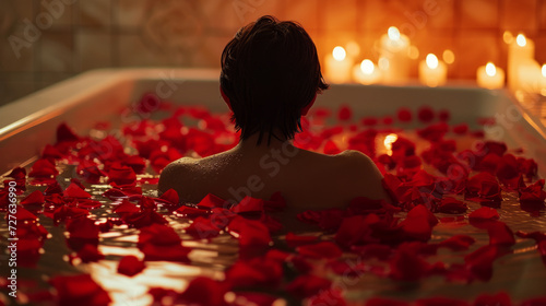 A person is in a bathtub with red rose petals on it